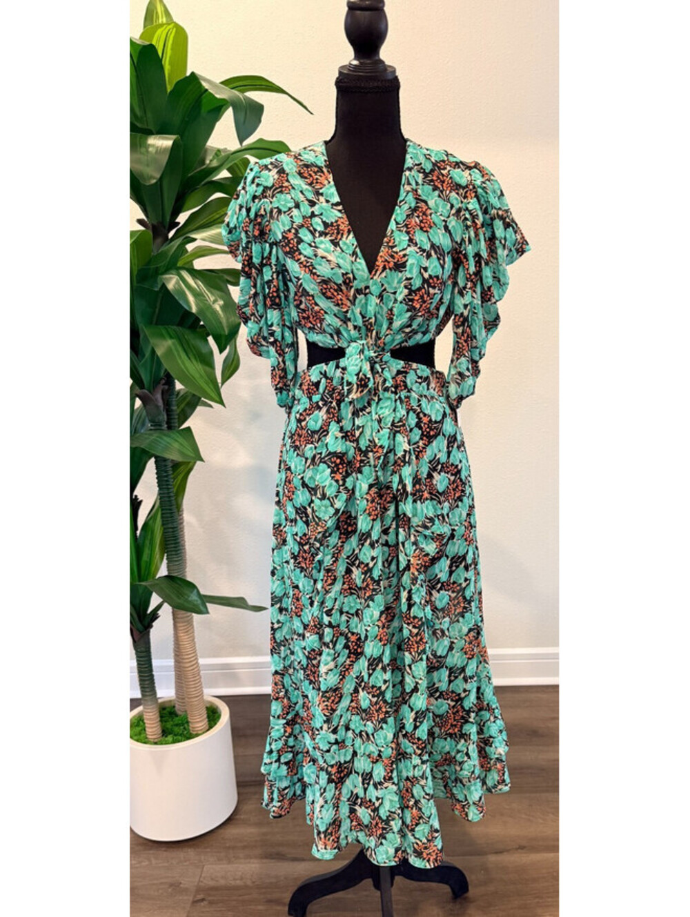 Rosevelvet Floral Cutout Maxi Dress Mint Puff Sleeve Tiered NWT Size S